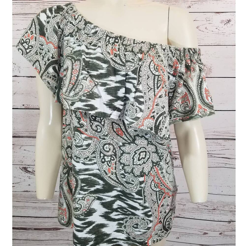 CHICO'S off shoulder top Summer‎ short sleeve Paisley Gray pink size 1  = Small